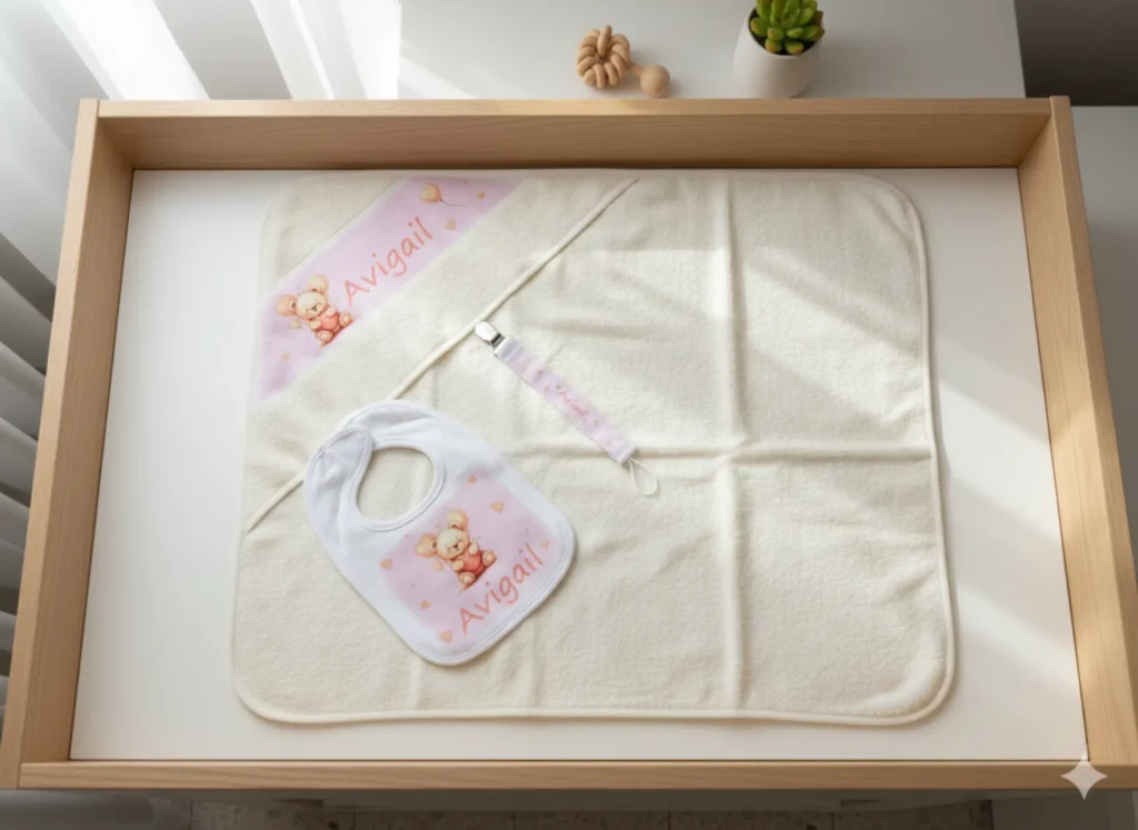 מארז מתנה לתינוק שכולל מגבת עם כובע, מחזיק למוצץ, סינר. הכל עם הדפסה בעיצוב אישי.